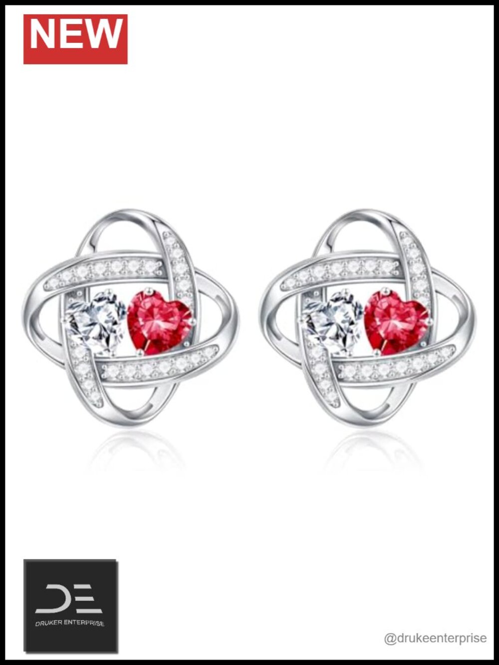 925 Sterling Silver Double Birthstone Stud Earrings, Heart Cubic Zirconia
